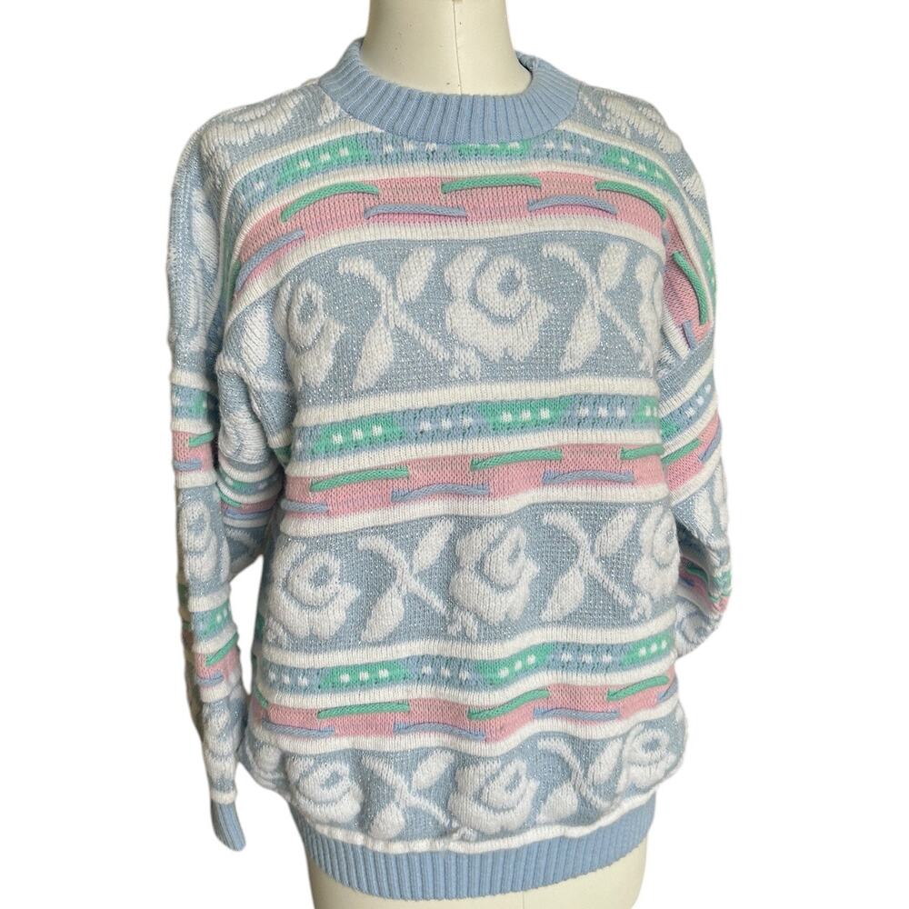 Vintage ROSE 80s Chunky Knit Sweater Pastel Sparkle Coogi Style Fairy Kei M/L - Picture 1 of 10